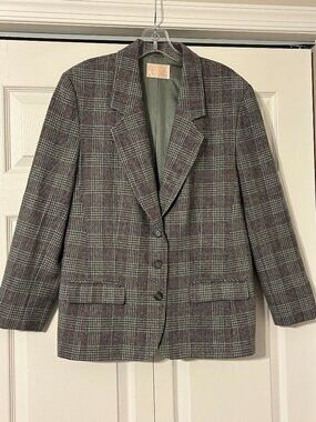 PENDLETON Sz 14 Gray Plaid 100% Virgin Wool Blazer Jacket Fully Lined
